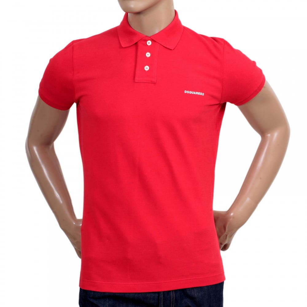 Mens Pique Short Sleeve Three Button Cotton Polo Shirt in Red with White Brand Text Logo and Chest