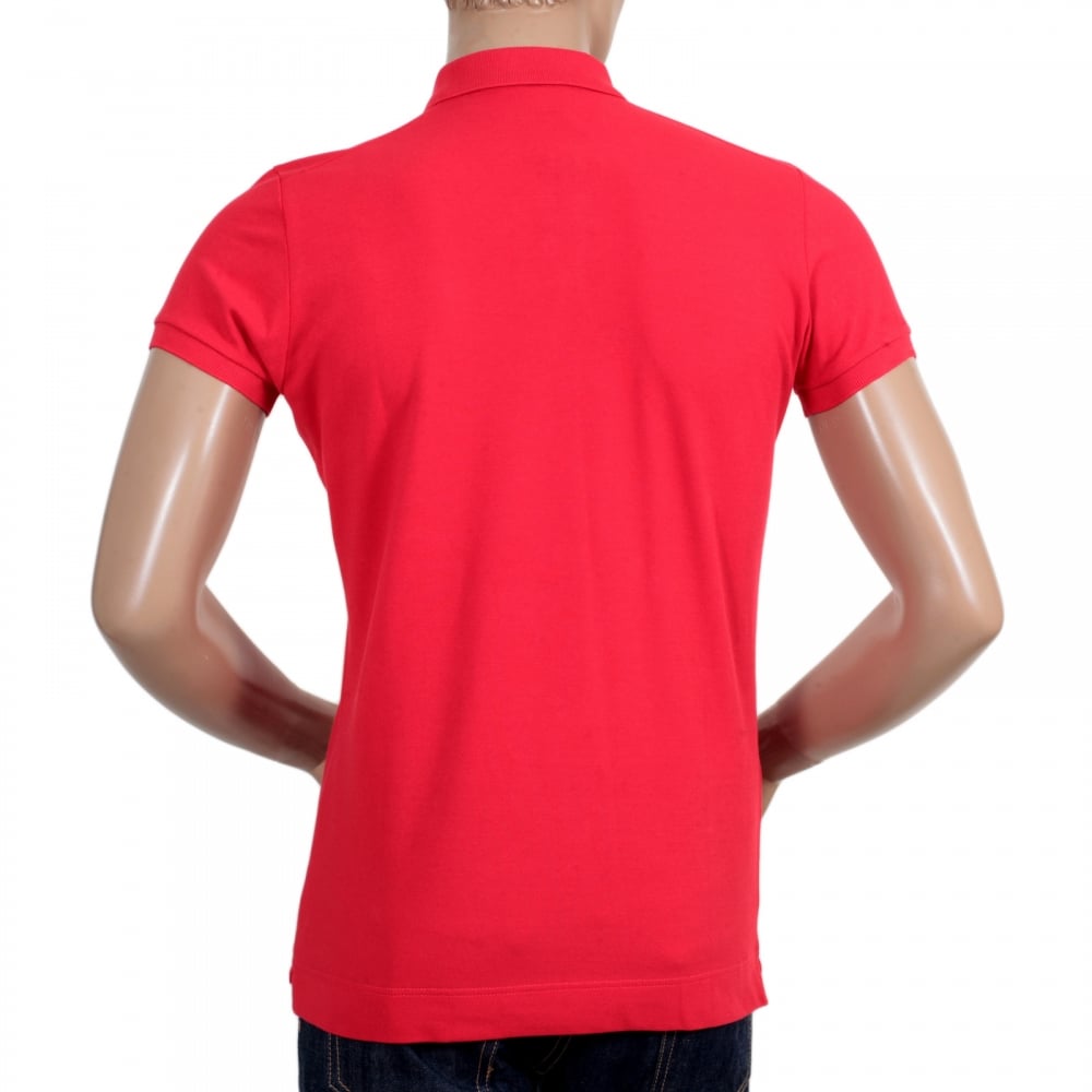 Mens Pique Short Sleeve Three Button Cotton Polo Shirt in Red with White Brand Text Logo and Chest