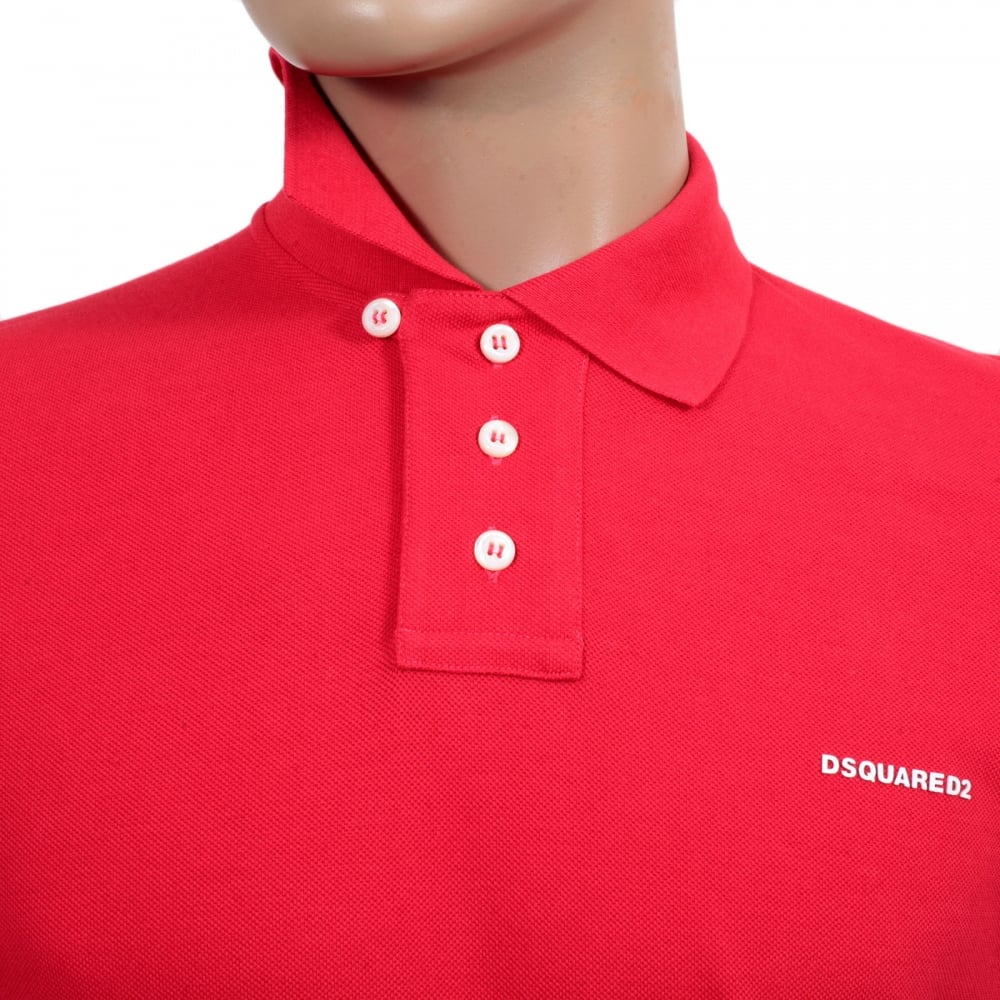 Mens Pique Short Sleeve Three Button Cotton Polo Shirt in Red with White Brand Text Logo and Chest