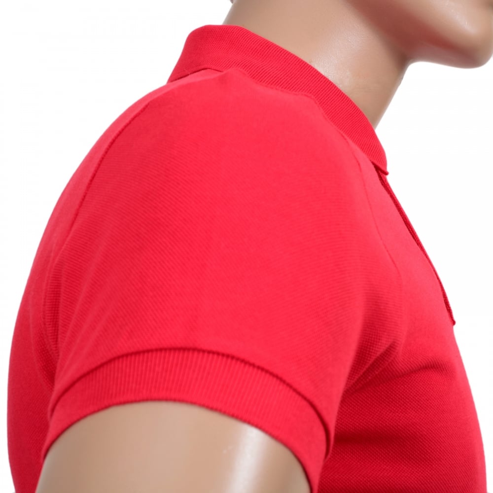 Mens Pique Short Sleeve Three Button Cotton Polo Shirt in Red with White Brand Text Logo and Chest