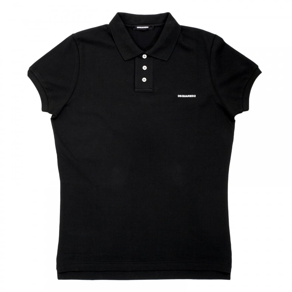 Short Sleeve Cotton Made Pique Black Polo Shirt with White Brand Chest Text Logo and Ribbed Collar
