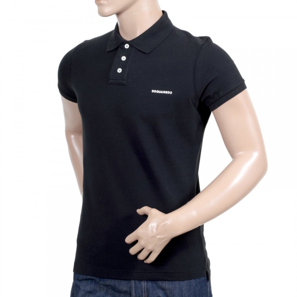 Short Sleeve Cotton Made Pique Black Polo Shirt with White Brand Chest Text Logo and Ribbed Collar