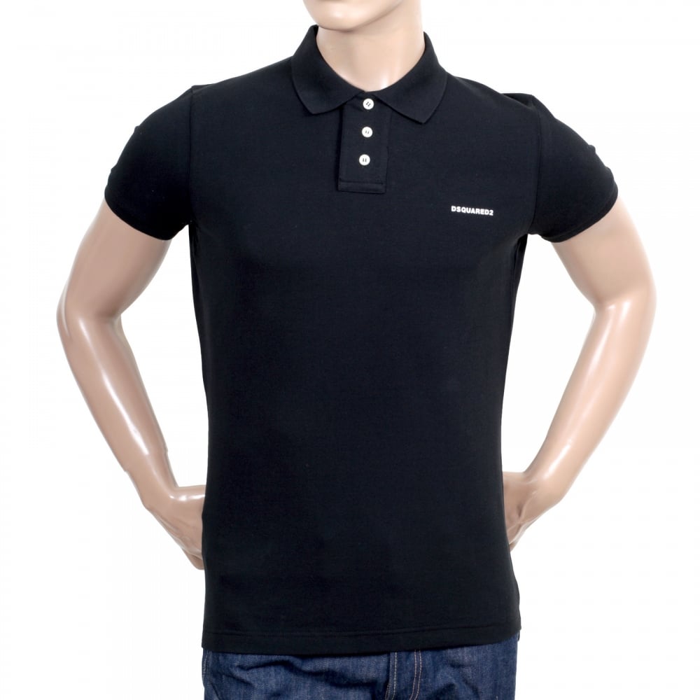 Short Sleeve Cotton Made Pique Black Polo Shirt with White Brand Chest Text Logo and Ribbed Collar