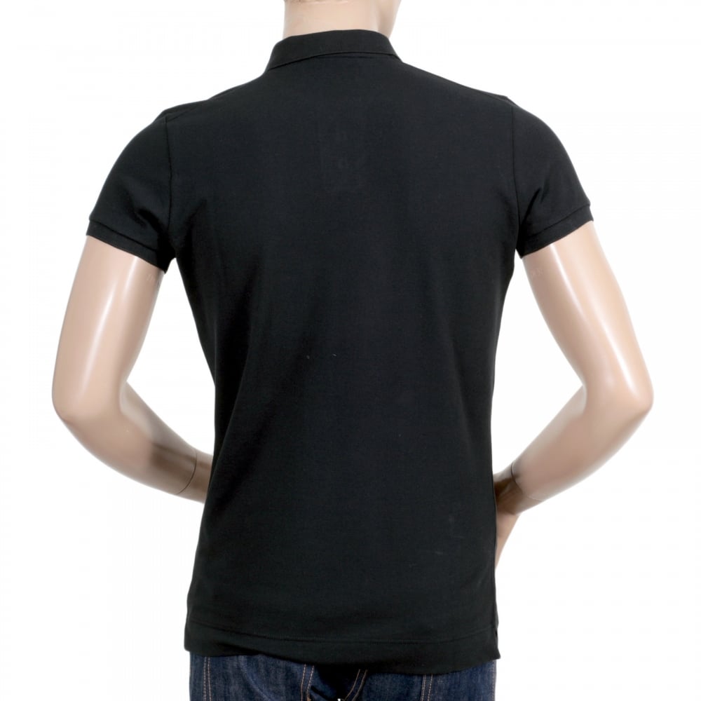 Short Sleeve Cotton Made Pique Black Polo Shirt with White Brand Chest Text Logo and Ribbed Collar
