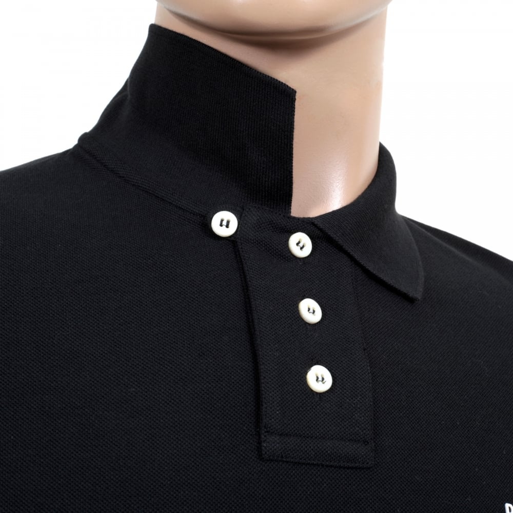 Short Sleeve Cotton Made Pique Black Polo Shirt with White Brand Chest Text Logo and Ribbed Collar