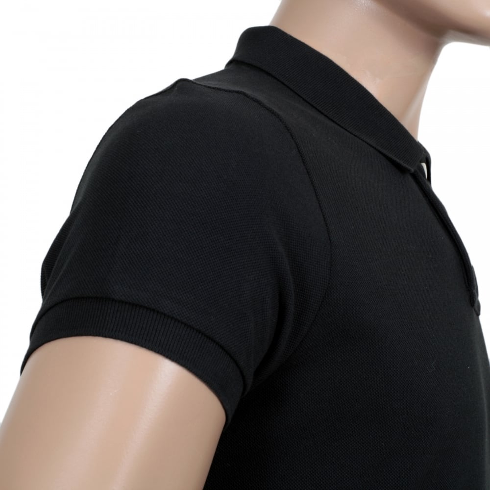 Short Sleeve Cotton Made Pique Black Polo Shirt with White Brand Chest Text Logo and Ribbed Collar
