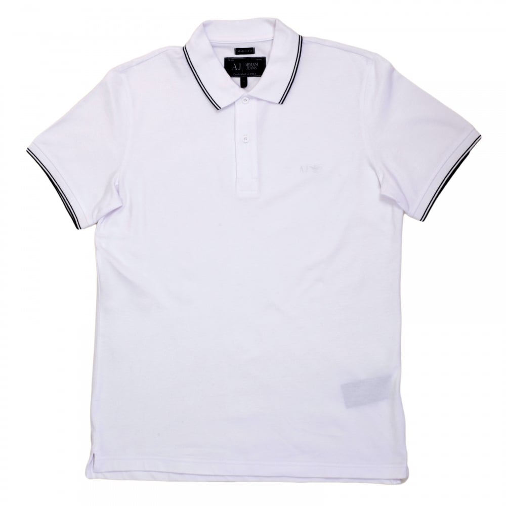 Mens Short Sleeved Modern Fit Logo Embroidered White Polo Shirt with Ribbed Collar and Sleeve Cuffs