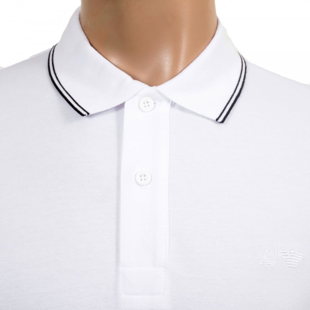 Mens Short Sleeved Modern Fit Logo Embroidered White Polo Shirt with Ribbed Collar and Sleeve Cuffs