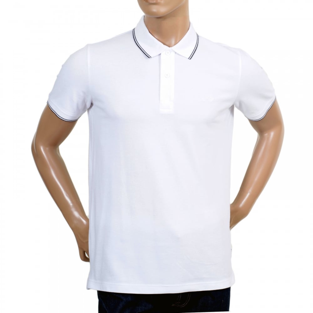 Mens Short Sleeved Modern Fit Logo Embroidered White Polo Shirt with Ribbed Collar and Sleeve Cuffs