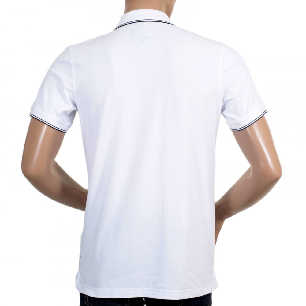Mens Short Sleeved Modern Fit Logo Embroidered White Polo Shirt with Ribbed Collar and Sleeve Cuffs