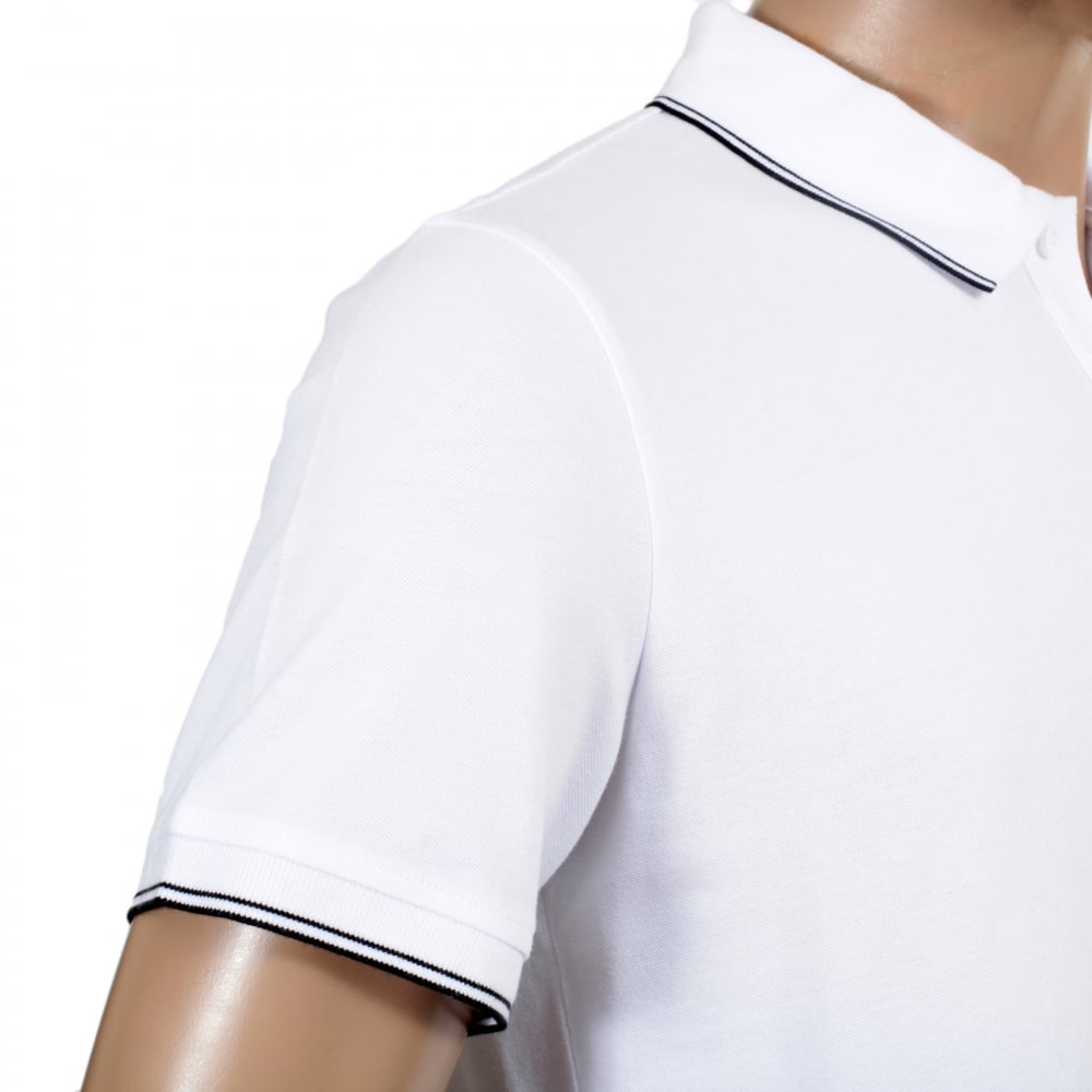 Mens Short Sleeved Modern Fit Logo Embroidered White Polo Shirt with Ribbed Collar and Sleeve Cuffs