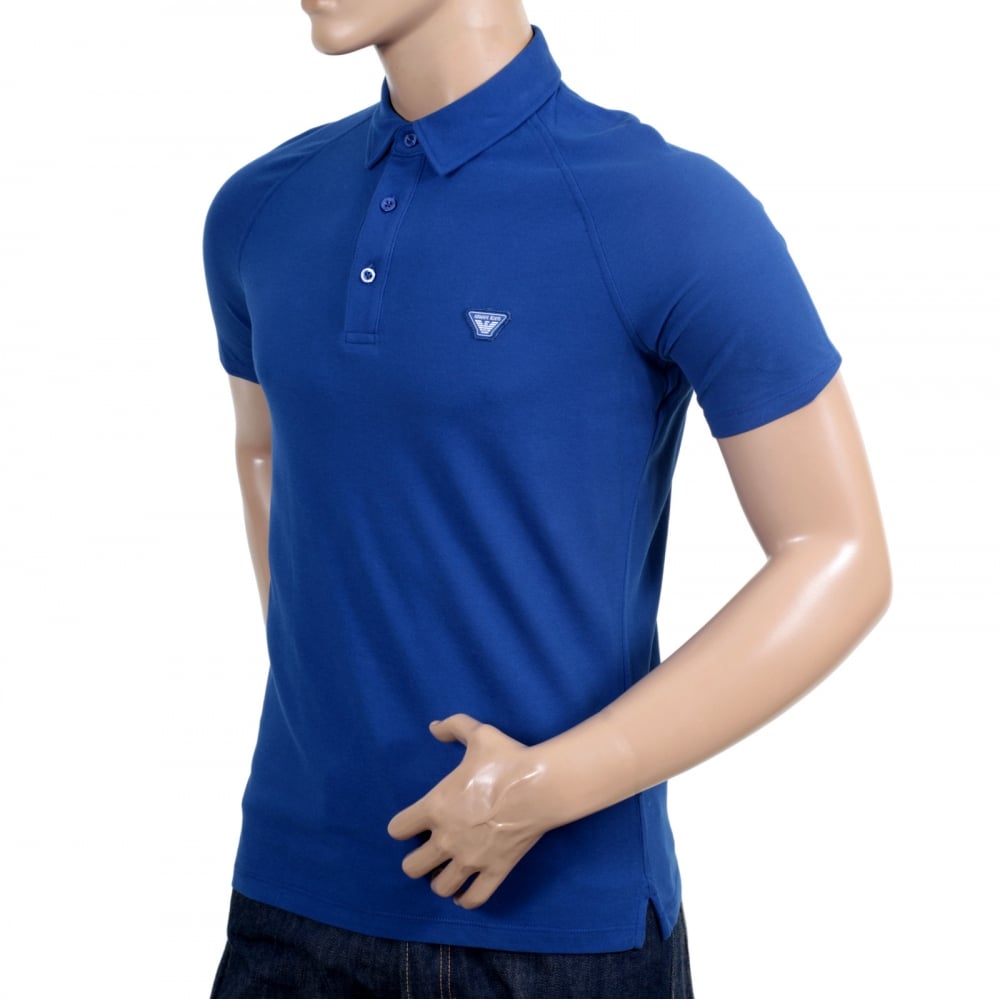 Regular Fit Applique Chest Logo Styled Cotton Blue Polo Shirt for Men with Raglan Sleeves and 3 Button Placket