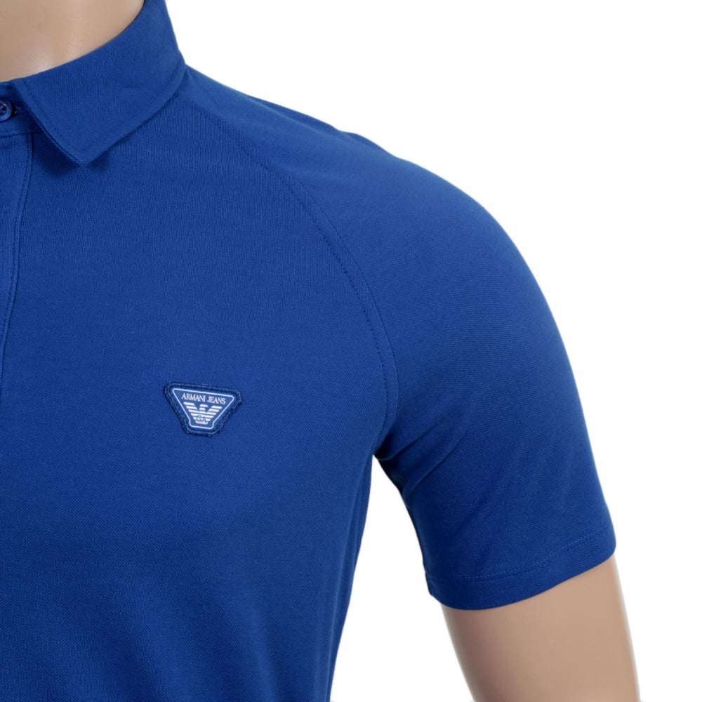 Regular Fit Applique Chest Logo Styled Cotton Blue Polo Shirt for Men with Raglan Sleeves and 3 Button Placket