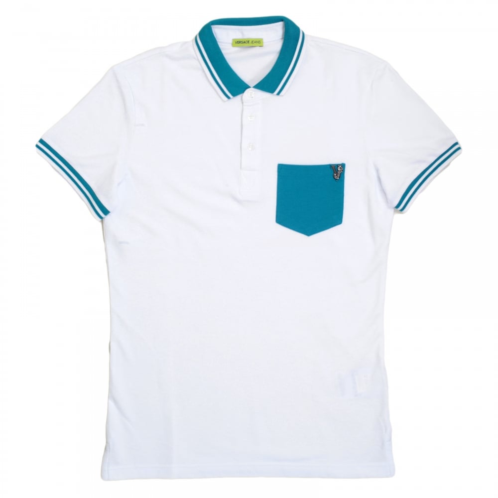 Mens Short Sleeve 3 Button Cotton White Polo Shirt with Metal Signature Logo on Single Blue Chest Pocket