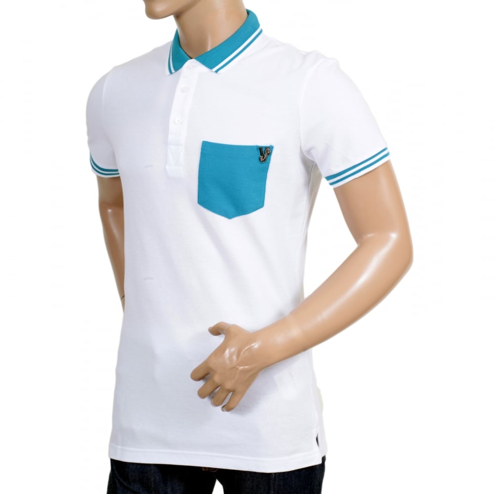 Mens Short Sleeve 3 Button Cotton White Polo Shirt with Metal Signature Logo on Single Blue Chest Pocket