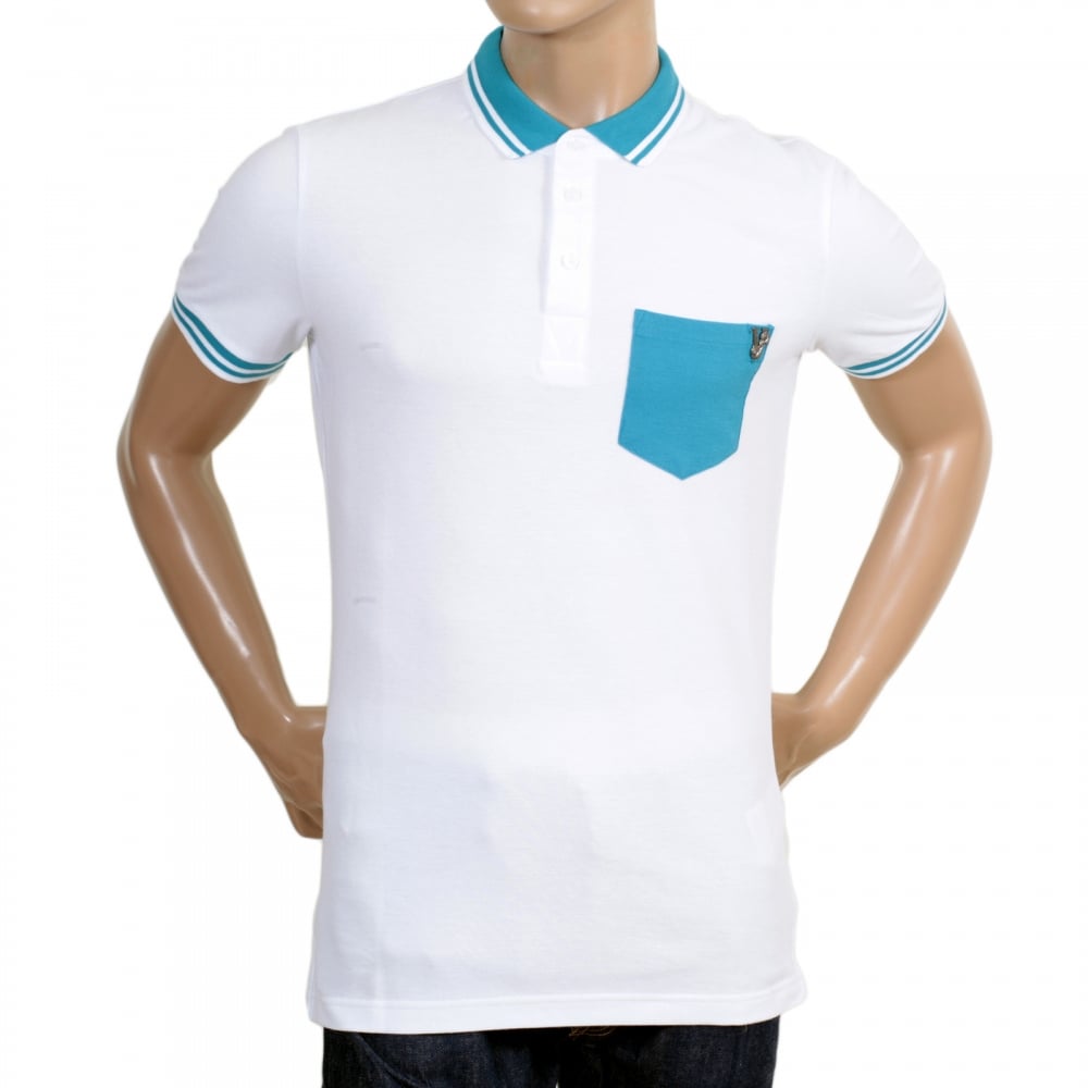 Mens Short Sleeve 3 Button Cotton White Polo Shirt with Metal Signature Logo on Single Blue Chest Pocket