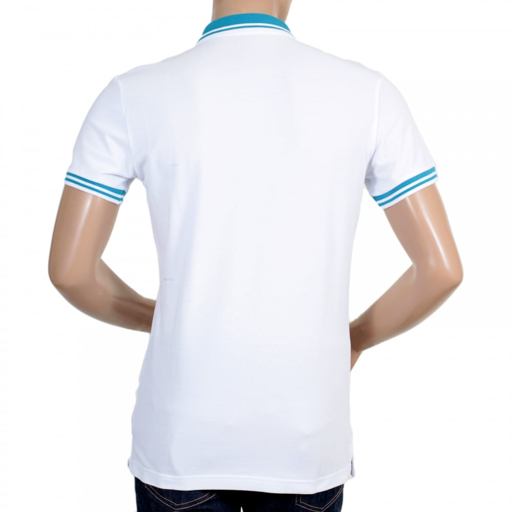 Mens Short Sleeve 3 Button Cotton White Polo Shirt with Metal Signature Logo on Single Blue Chest Pocket