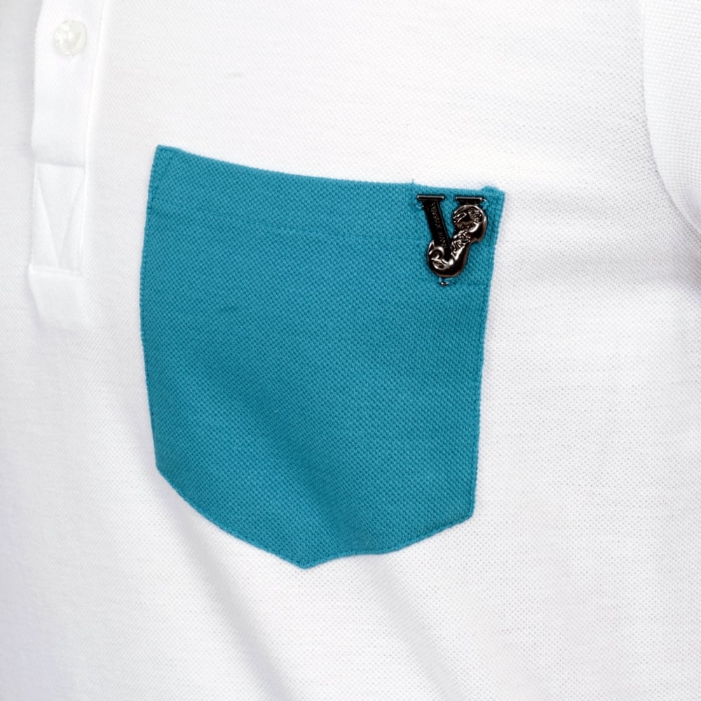 Mens Short Sleeve 3 Button Cotton White Polo Shirt with Metal Signature Logo on Single Blue Chest Pocket