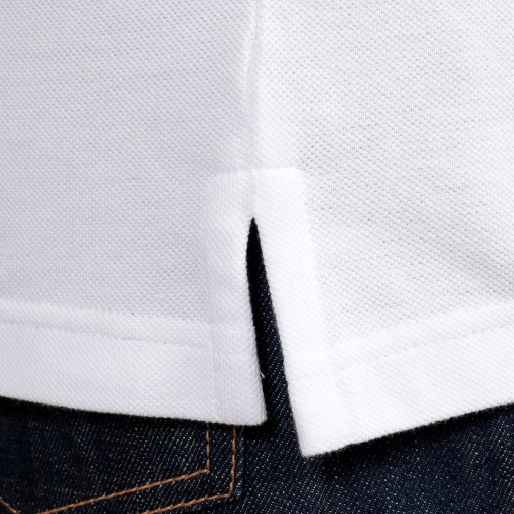 Mens Short Sleeve 3 Button Cotton White Polo Shirt with Metal Signature Logo on Single Blue Chest Pocket