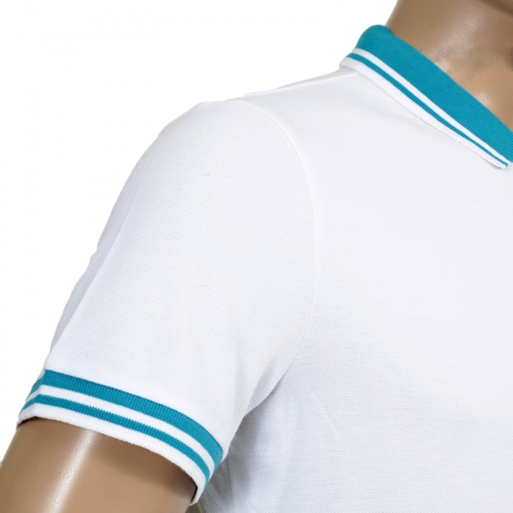 Mens Short Sleeve 3 Button Cotton White Polo Shirt with Metal Signature Logo on Single Blue Chest Pocket