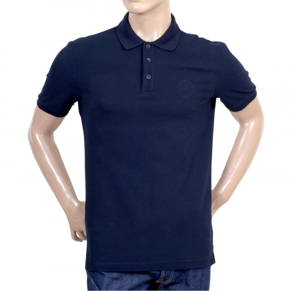 Navy Blue Cotton Polo Shirt with Three Button Design Ribbed Collar and Sleeve Cuffs