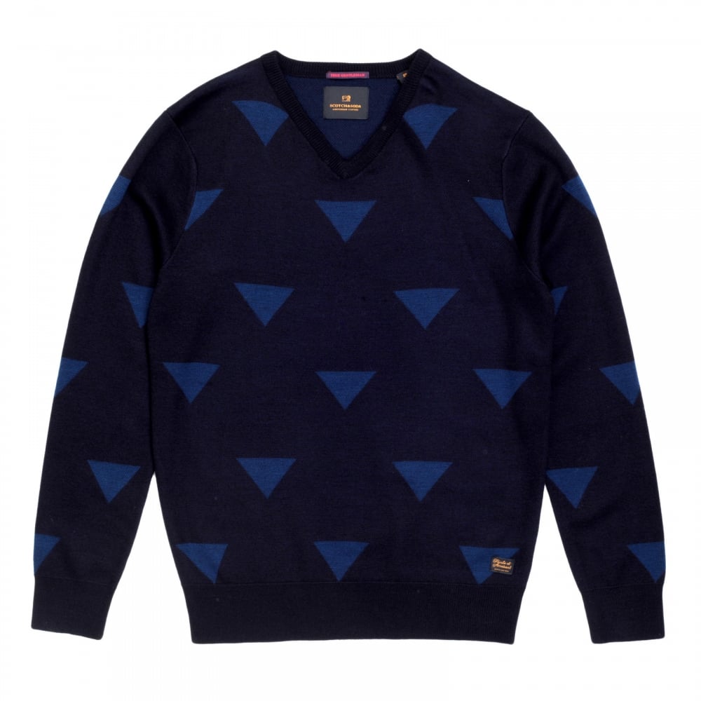 Navy Blue Wool Mix V Neck Knitted Jumper with Diamond Pattern and Ribbed Collar, Sleeve Cuffs and Waistband