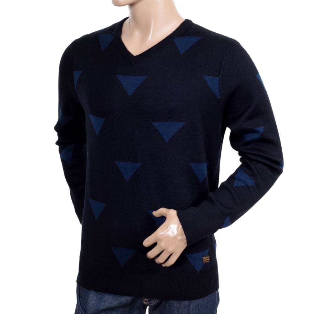 Navy Blue Wool Mix V Neck Knitted Jumper with Diamond Pattern and Ribbed Collar, Sleeve Cuffs and Waistband