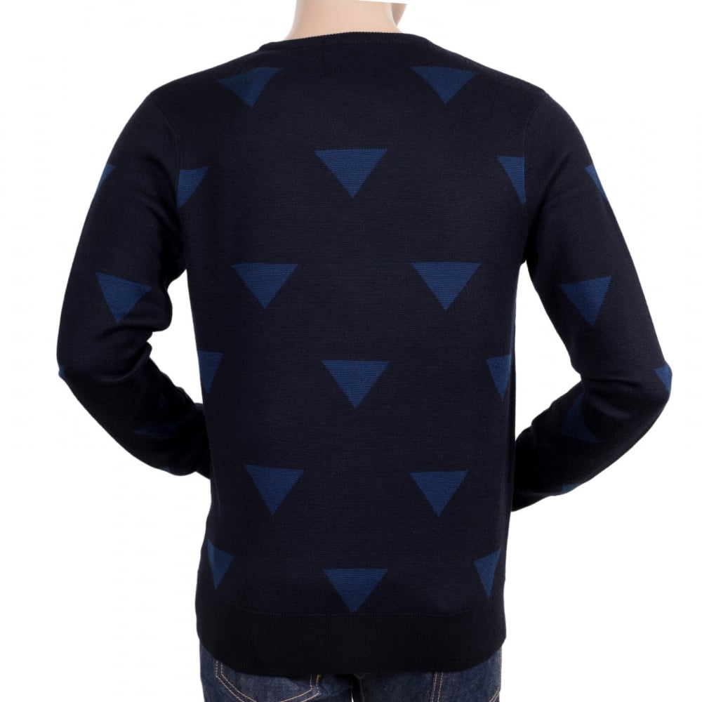 Navy Blue Wool Mix V Neck Knitted Jumper with Diamond Pattern and Ribbed Collar, Sleeve Cuffs and Waistband
