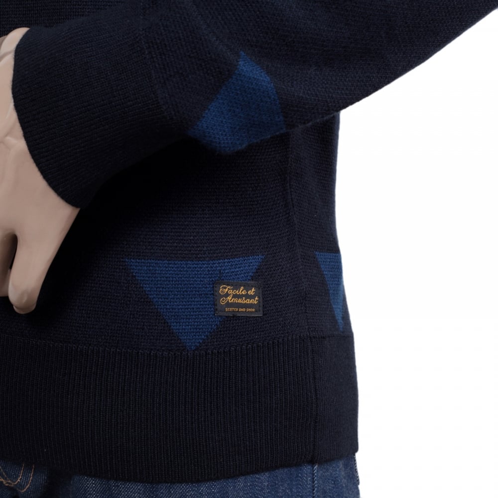 Navy Blue Wool Mix V Neck Knitted Jumper with Diamond Pattern and Ribbed Collar, Sleeve Cuffs and Waistband