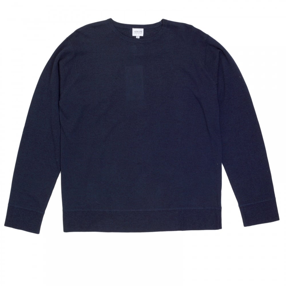Regular Fit Cotton Mix Navy Blue Crew Neck Knitwear Jumper with Reverse Knit Waistband and Sleeve Cuffs