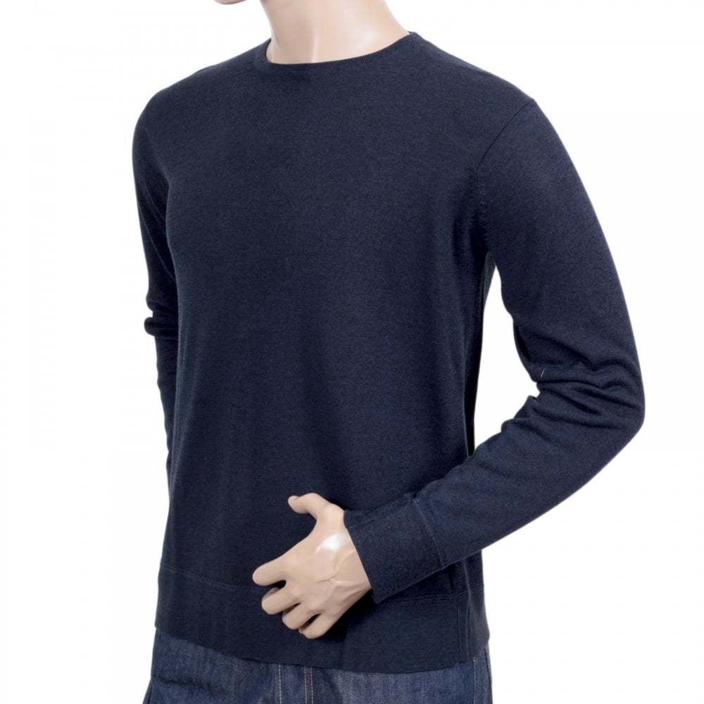 Regular Fit Cotton Mix Navy Blue Crew Neck Knitwear Jumper with Reverse Knit Waistband and Sleeve Cuffs