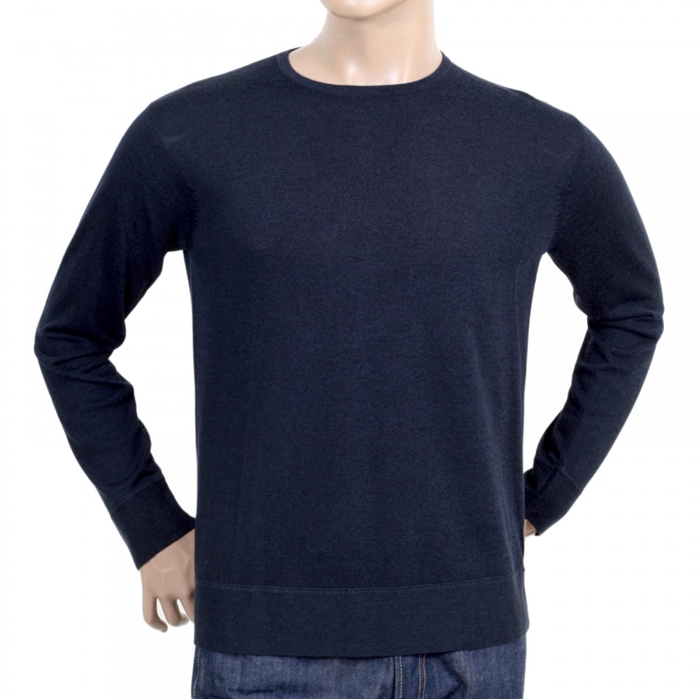 Regular Fit Cotton Mix Navy Blue Crew Neck Knitwear Jumper with Reverse Knit Waistband and Sleeve Cuffs