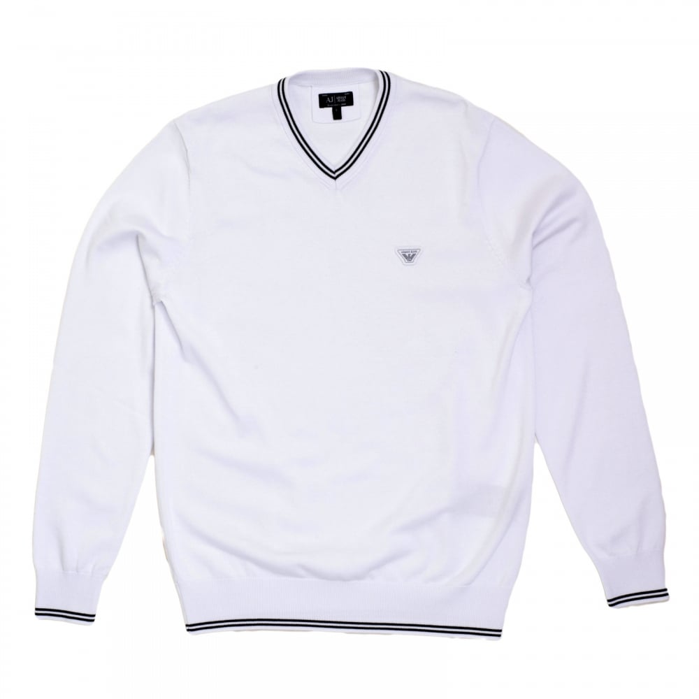 Mens V Neck White Cotton Knitted Jumper Styled with Black Trim on Ribbed Collar, Waistband and Sleeve Cuffs