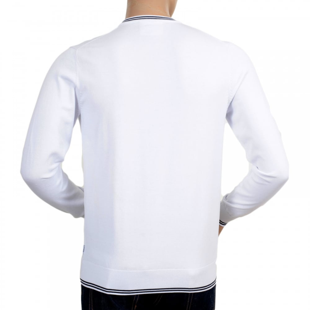 Mens V Neck White Cotton Knitted Jumper Styled with Black Trim on Ribbed Collar, Waistband and Sleeve Cuffs