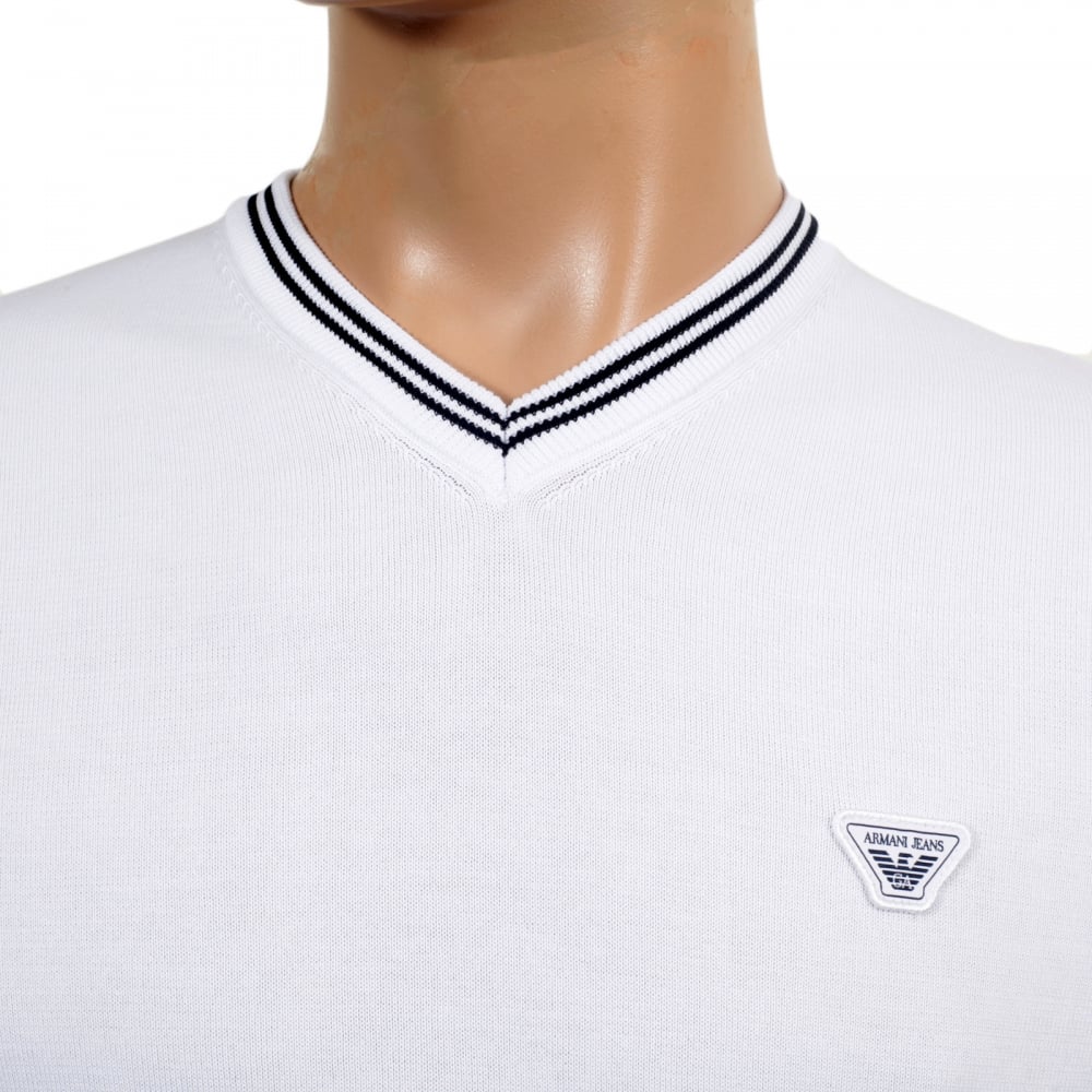 Mens V Neck White Cotton Knitted Jumper Styled with Black Trim on Ribbed Collar, Waistband and Sleeve Cuffs