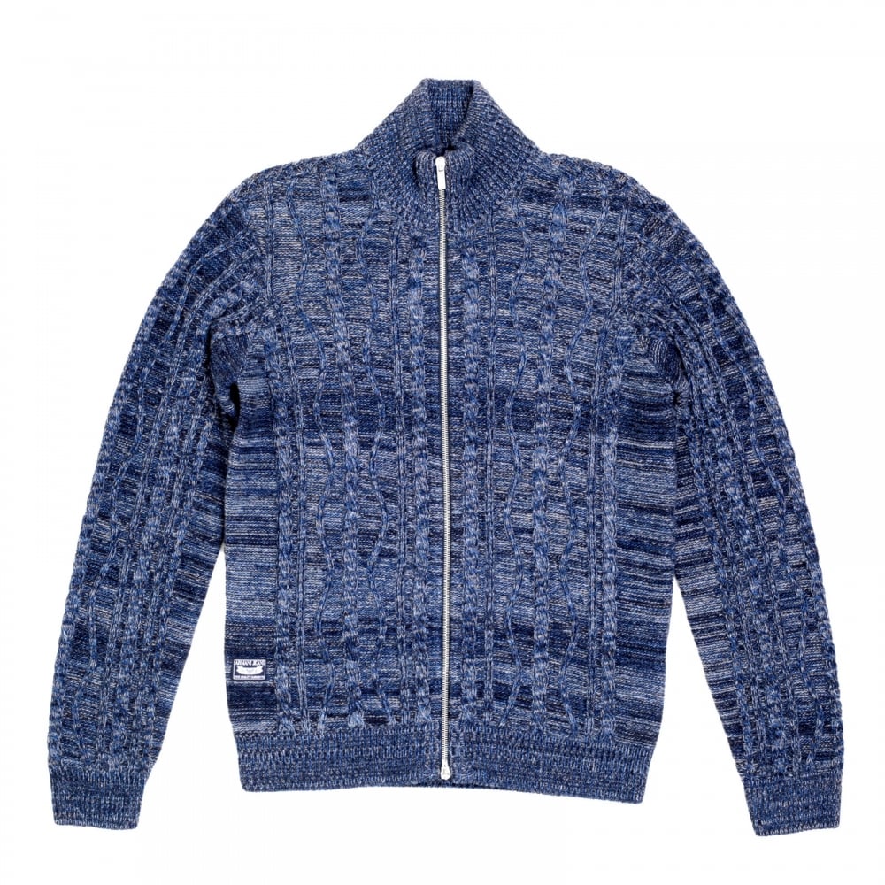 Mens Knitted Full Sleeve Cotton and Wool Mix High Neck Full Sleeve Blue Zip Up Cardigan with Cable Knit Front