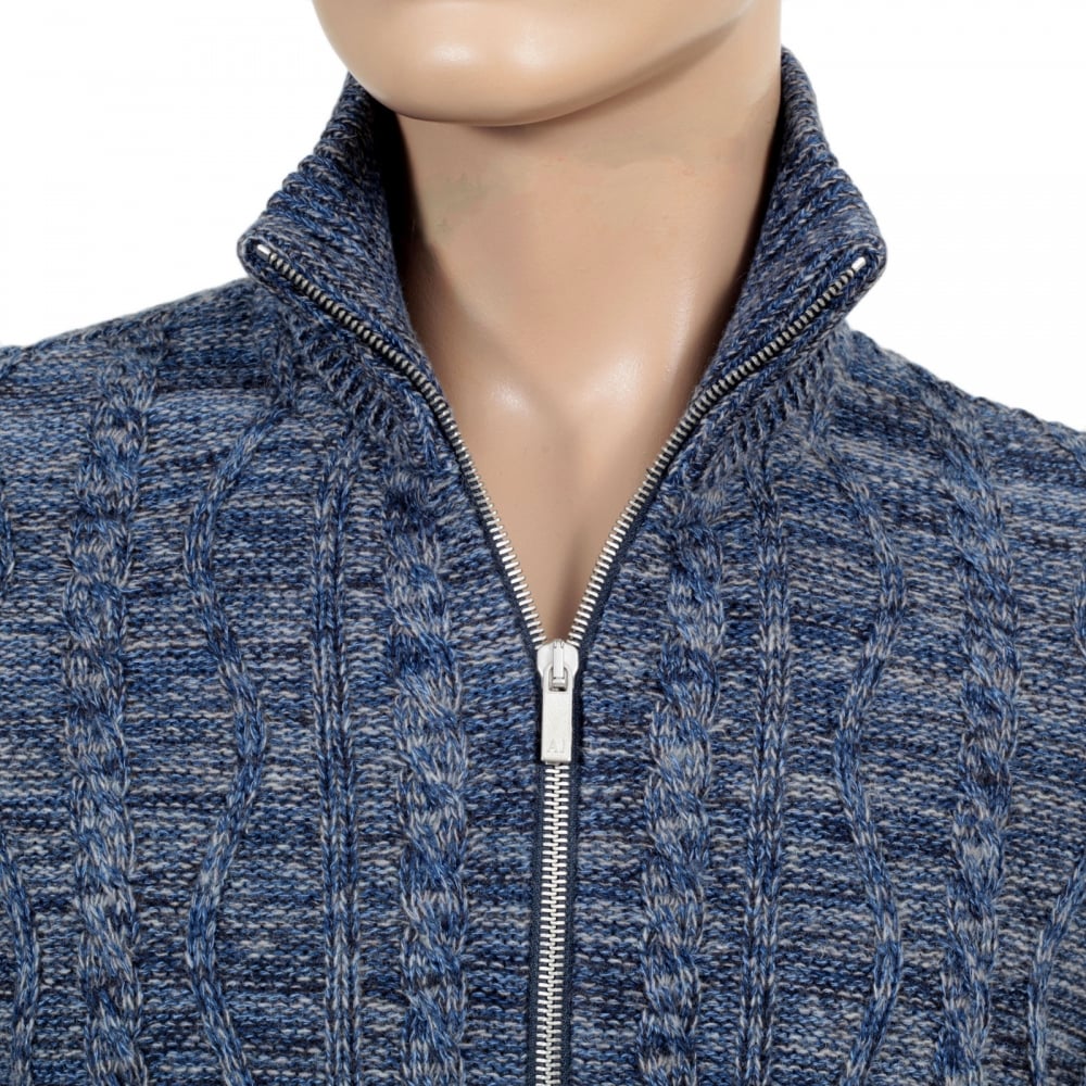 Mens Knitted Full Sleeve Cotton and Wool Mix High Neck Full Sleeve Blue Zip Up Cardigan with Cable Knit Front