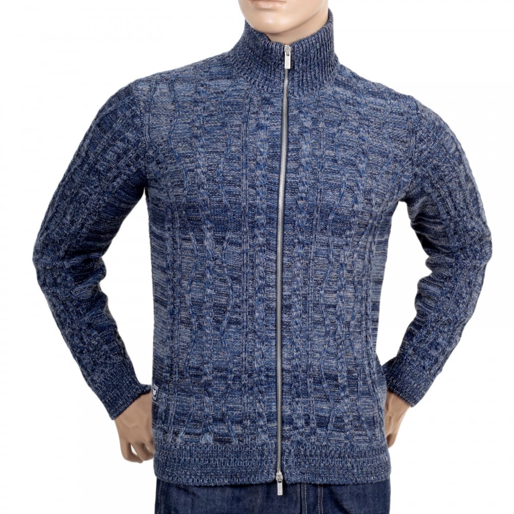 Mens Knitted Full Sleeve Cotton and Wool Mix High Neck Full Sleeve Blue Zip Up Cardigan with Cable Knit Front