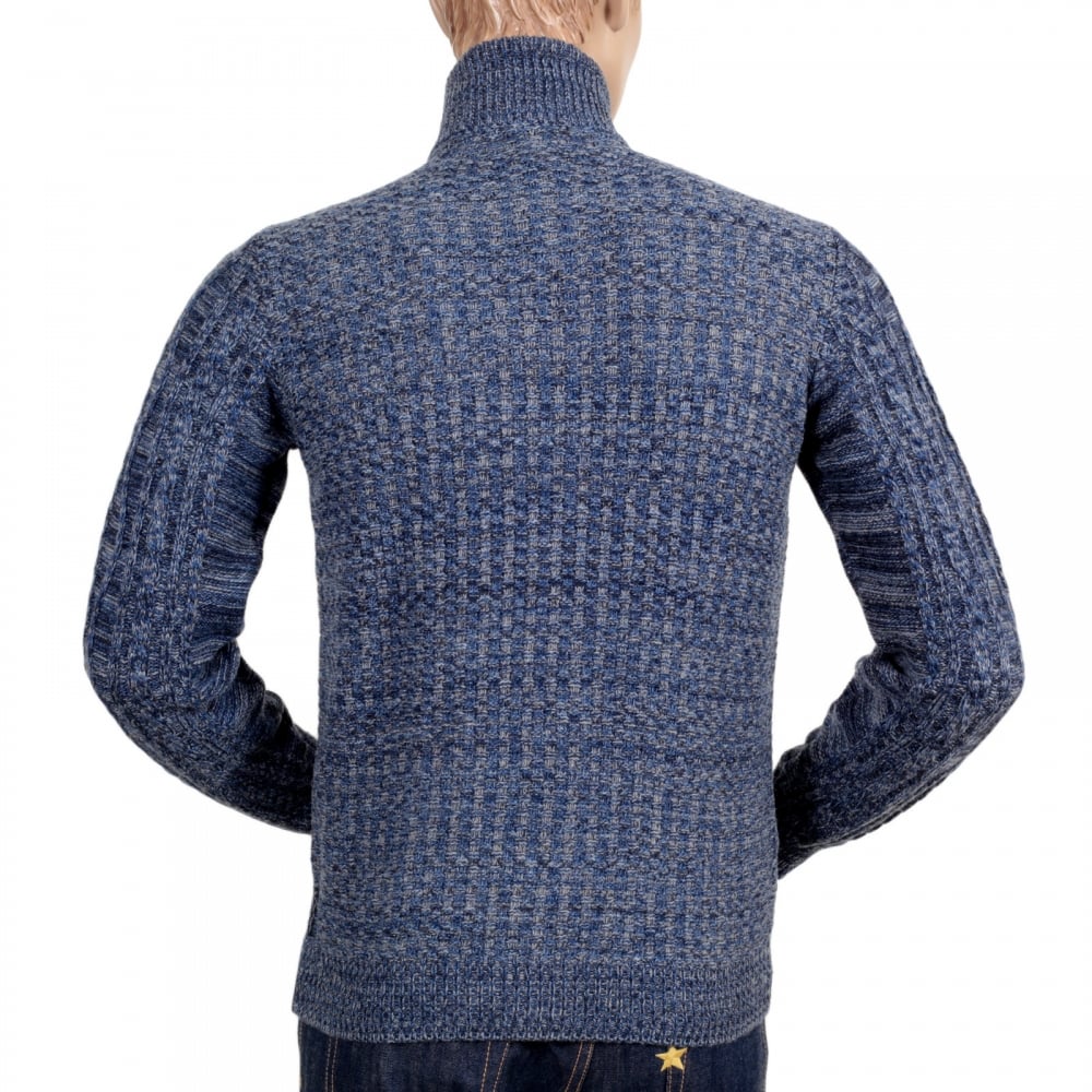 Mens Knitted Full Sleeve Cotton and Wool Mix High Neck Full Sleeve Blue Zip Up Cardigan with Cable Knit Front