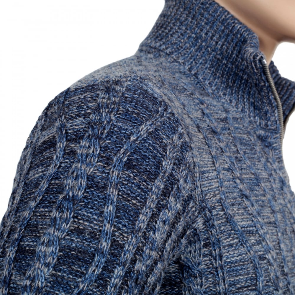 Mens Knitted Full Sleeve Cotton and Wool Mix High Neck Full Sleeve Blue Zip Up Cardigan with Cable Knit Front