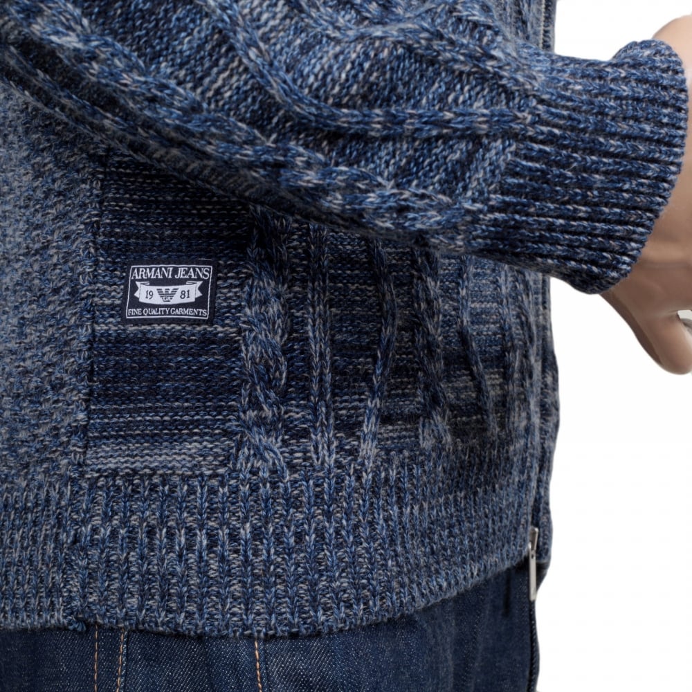 Mens Knitted Full Sleeve Cotton and Wool Mix High Neck Full Sleeve Blue Zip Up Cardigan with Cable Knit Front