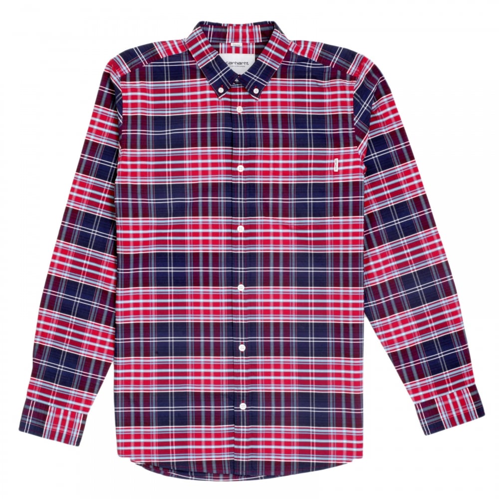 Casual Cotton Regular Fit Cornel Lavitt Check Shirt in Red and Navy with Button Down Collar and Chest Pocket