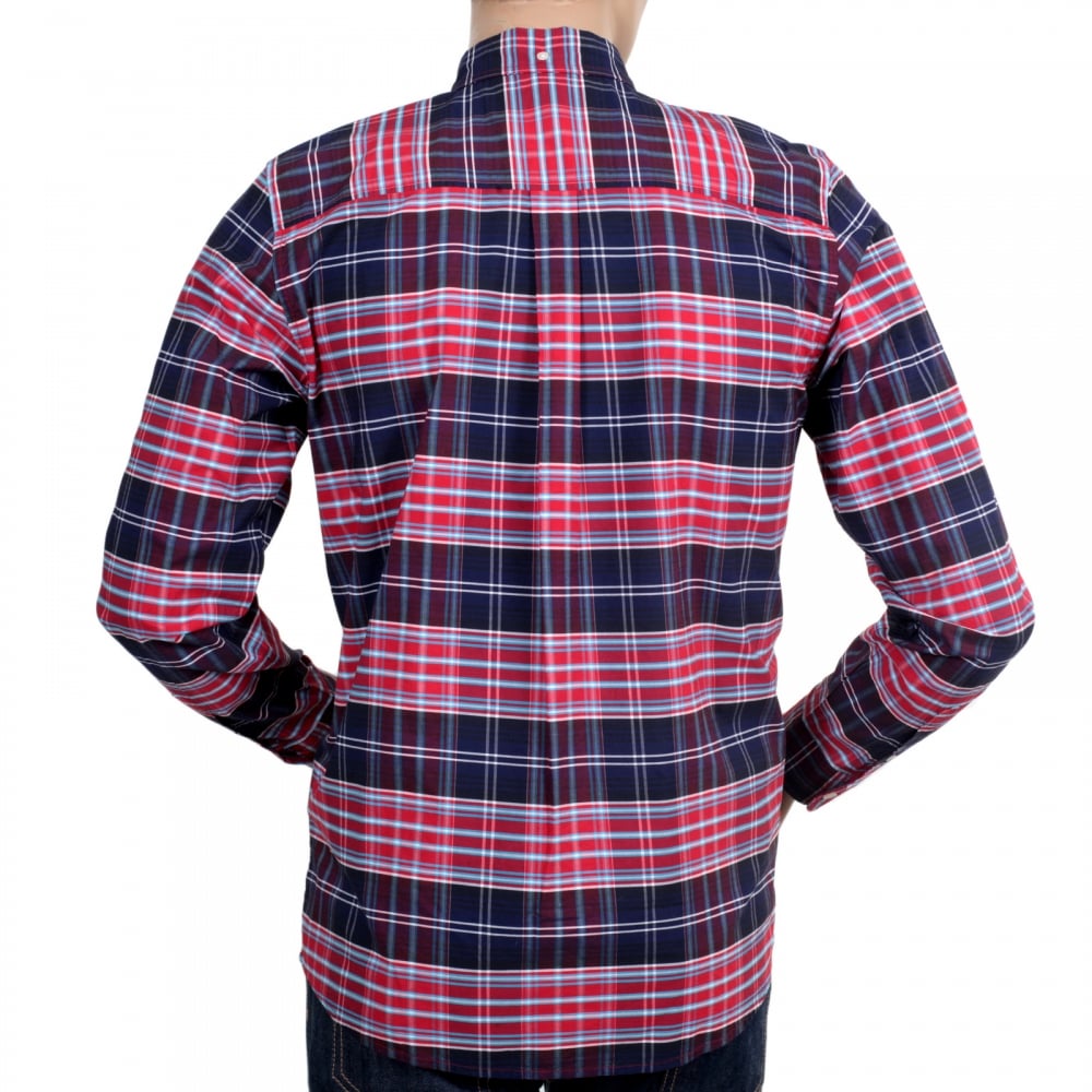 Casual Cotton Regular Fit Cornel Lavitt Check Shirt in Red and Navy with Button Down Collar and Chest Pocket