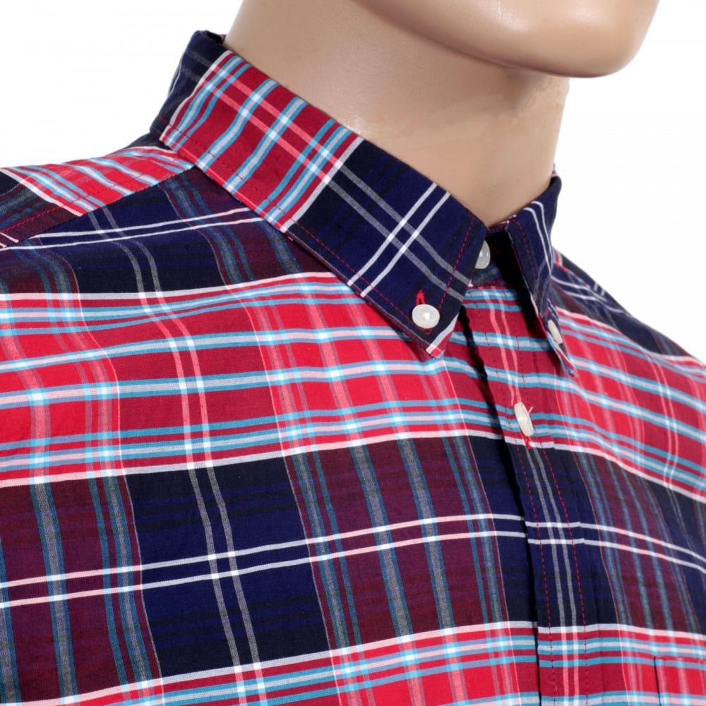 Casual Cotton Regular Fit Cornel Lavitt Check Shirt in Red and Navy with Button Down Collar and Chest Pocket