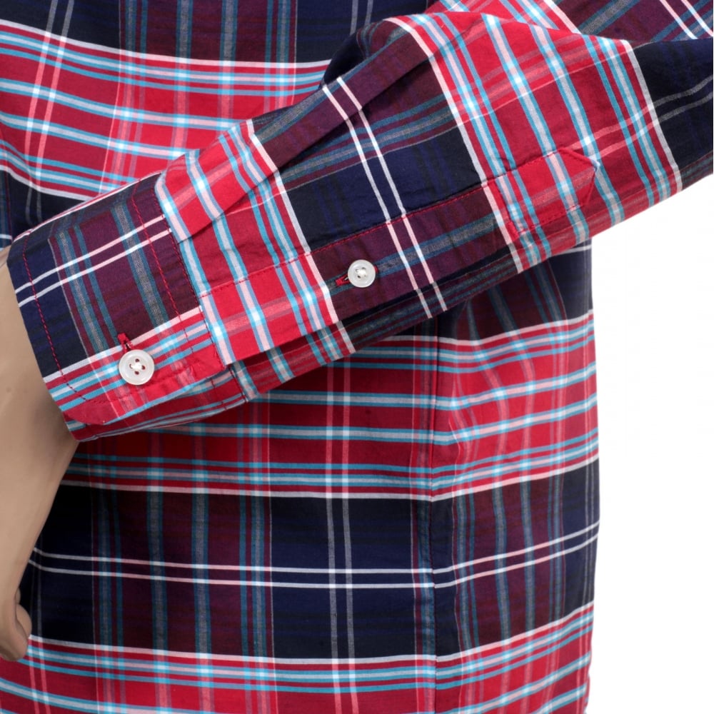 Casual Cotton Regular Fit Cornel Lavitt Check Shirt in Red and Navy with Button Down Collar and Chest Pocket