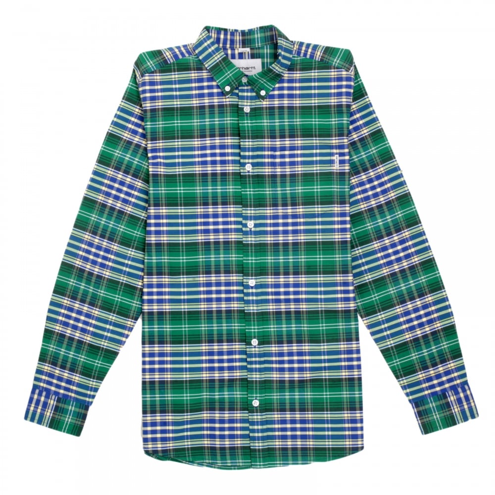 Resolution Lavitt Check Regular Fit Shirt in Green and Navy with Button Down Collar and Single Chest Pocket