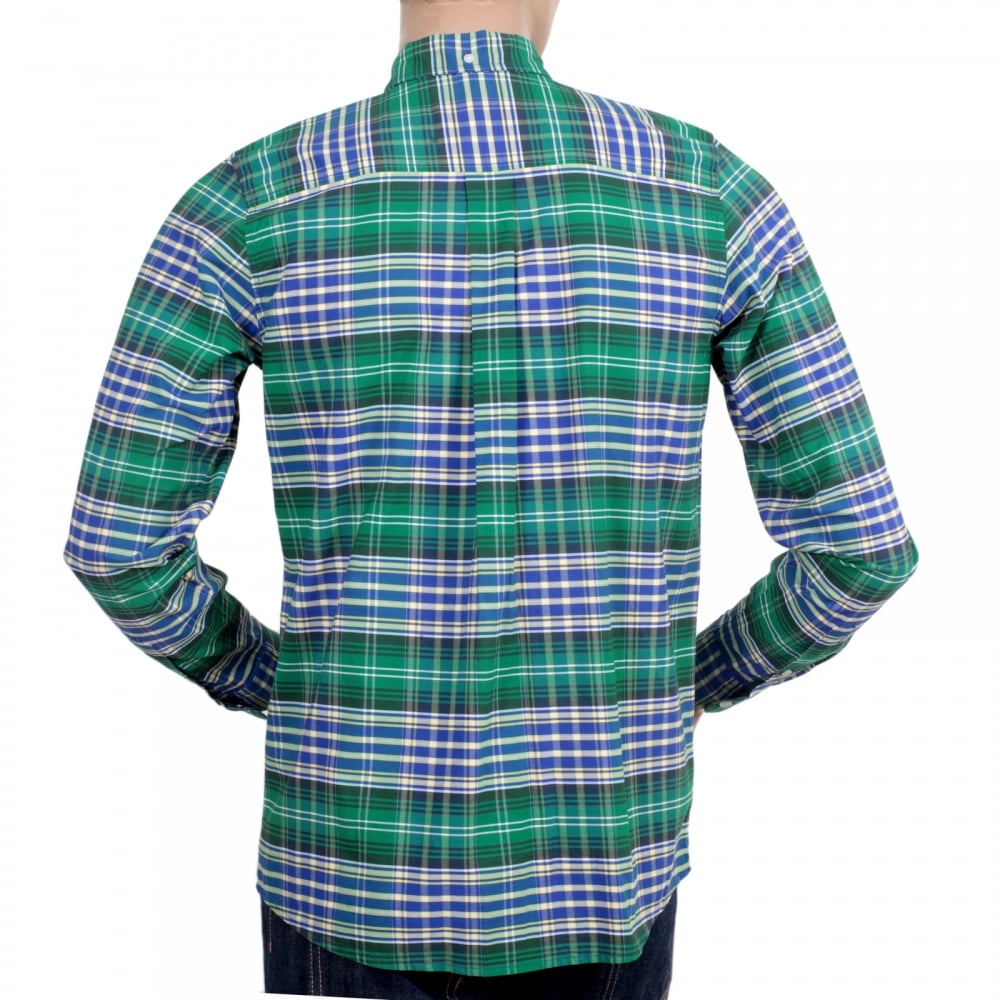 Resolution Lavitt Check Regular Fit Shirt in Green and Navy with Button Down Collar and Single Chest Pocket