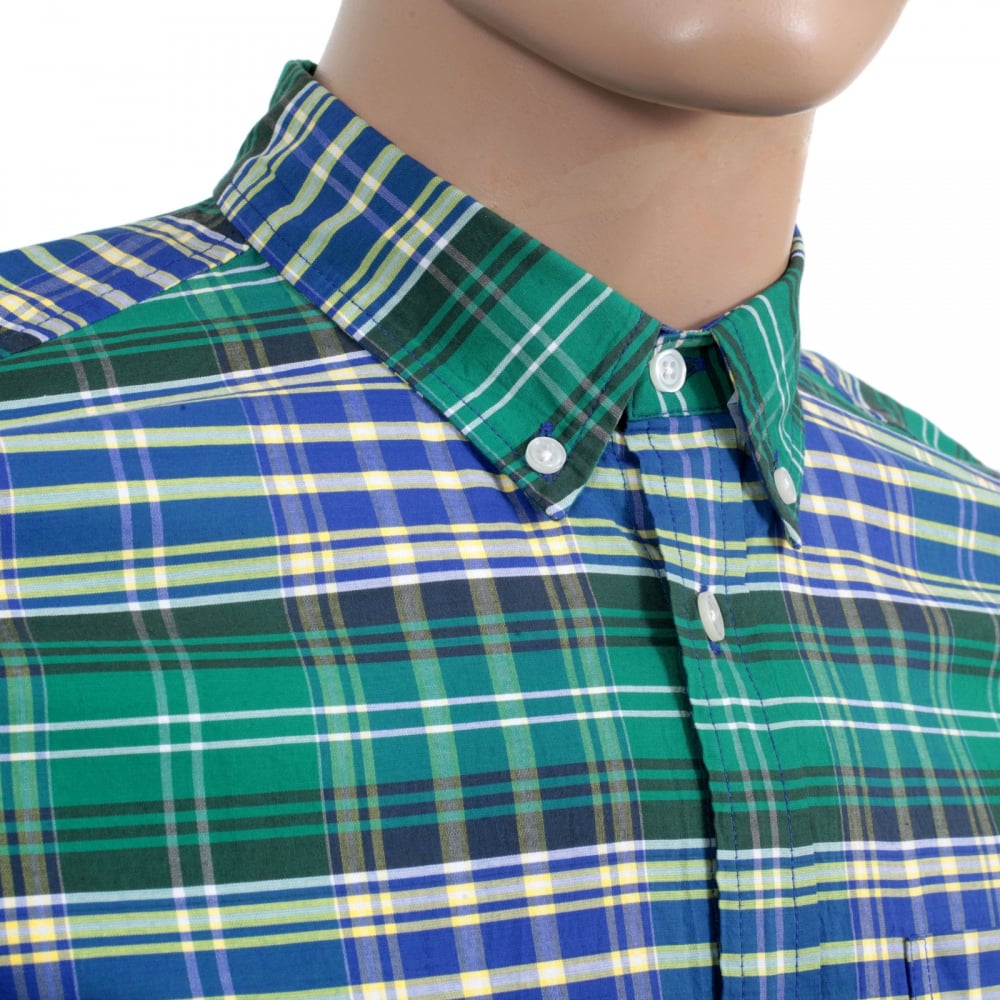 Resolution Lavitt Check Regular Fit Shirt in Green and Navy with Button Down Collar and Single Chest Pocket