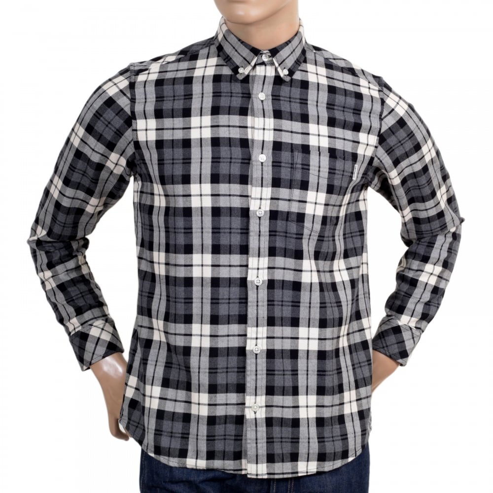 Mens Regular Fit Baker Check Long Sleeve Shirt in Heather Grey with Button Down Collar and Single Chest Pocket