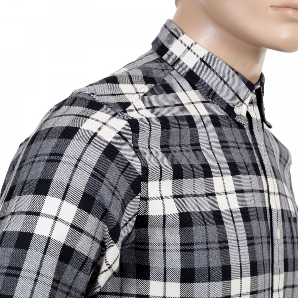 Mens Regular Fit Baker Check Long Sleeve Shirt in Heather Grey with Button Down Collar and Single Chest Pocket